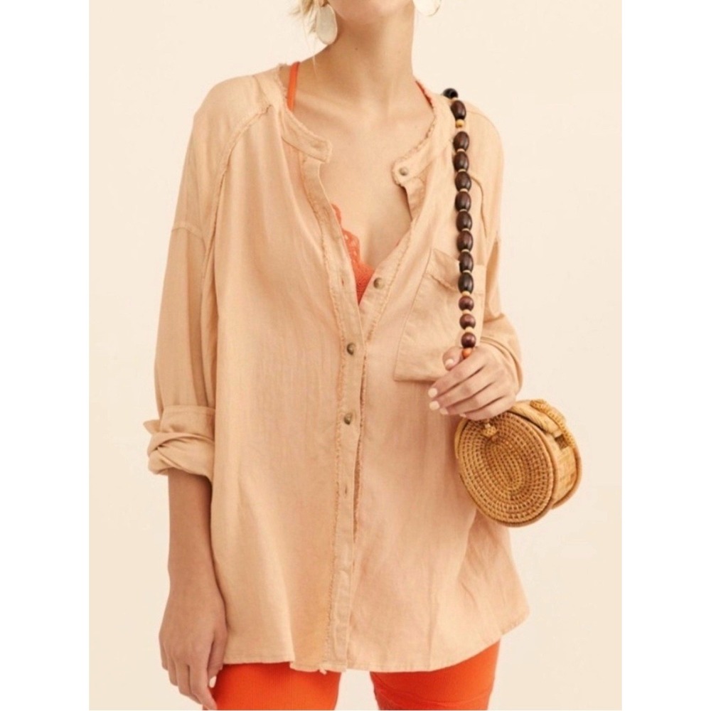 Free‎ People We The Free Keep it Simple Top Size Med Boxy Linen Blend Shell Pink